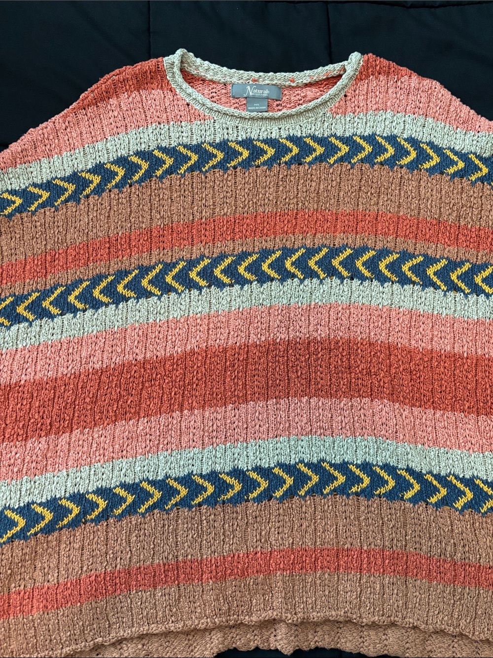 Natural Reflections Coral, Tan & Navy Striped Crewneck Sweater baggy bohemian